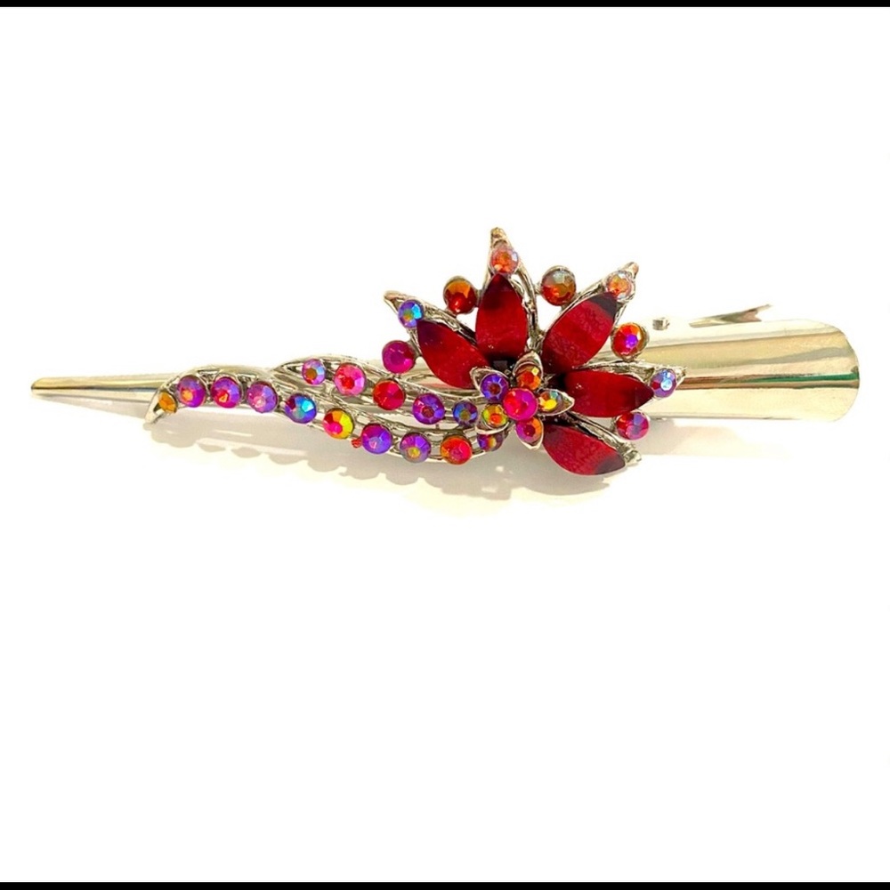 Updo Hair Clip Red Flower Rhinestones 5”